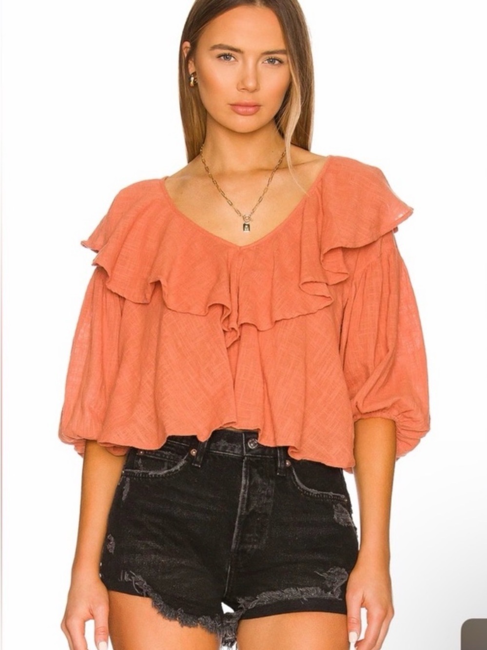 Free People Terracotta Ruffle V-Neck Blouse